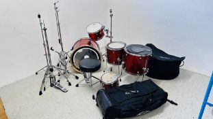 9 PIECES OF DRUM EQUIPMENT TO INCLUDE MAPEX MERIDIAN BIRCH BASS DRUM, FLOOR TOMS, HIGH TOM,