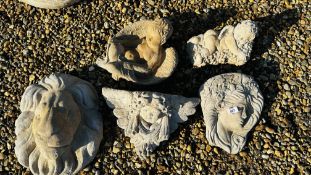 5 X DECORATIVE STONEWORK ITEMS TO INCLUDE LION HEAD WALL MASK, FIGURE HEAD WALL POCKET,
