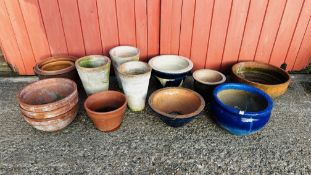 A GROUP OF TERRACOTTA PLANTERS APPROX 12 + GROUP OF OTHER GLAZED PLANTERS.