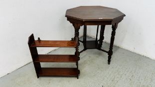 AN EDWARDIAN MAHOGANY OCTAGONAL OCCASIONAL TABLE WIDTH 75CM ALONG WITH A MAHOGANY THREE TIER