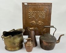 AN ARTS AND CRAFTS DESIGN EMBOSSED COPPER FIRE SCREEN PLUS LARGE COPPER KETTLE, CONICAL COPPER JUG,