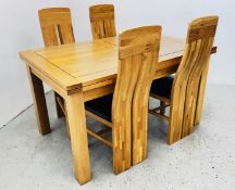 A MODERN LIGHT OAK EXTENDING DINING TABLE ALONG WITH A SET OF FOUR MODERN LIGHT OAK DINING CHAIRS