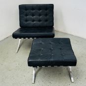 A BARCELONA STYLE MID CENTURY CHROME FRAMED LOW CHAIR AND MATCHING FOOTSTOOL.