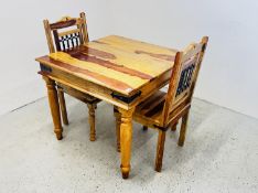 RUSTIC HARDWOOD DINING TABLE AND TWO CHAIRS WITH IRON CRAFT DETAIL - TABLE 88CM X 88CM.