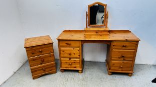 A PINE TWIN PEDESTAL DRESSING TABLE W 140CM D 44CM H 75CM AND A THREE DRAWER PINE FACED BEDSIDE