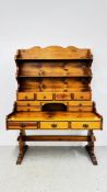 A HEAVY PINE DESK WITH DRESSER UPSTAND, W 139CM X D 67CM X H 193CM.