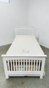MODERN WHITE PAINTED SINGLE BED FRAME WITH TRUNDLE BED COMPLETE WITH A PAIR OF RELYON.