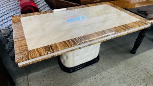 A DESIGNER MARBLE FINISH PEDESTAL DINING TABLE, THE SUPPORT WITH BUTTON BACK DETAIL, 160CM X 90CM.