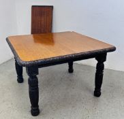 ANTIQUE OAK EXTENDING DINING TABLE WITH CARVED DETAIL, W 103CM X L 103CM + LEAF (41CM).