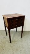 ANTIQUE MAHOGANY WORK BOX, TWO FALSE DRAWERS ABOVE A SINGLE DRAWER WITH HINGED TOP,