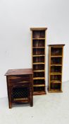 A RUSTIC HARD WOOD SINGLE DRAWER CABINET WITH IRON CRAFT DETAIL ALONG WITH TWO RUSTIC HARD WOOD CD
