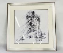 A LARGE MODERNISTIC PRINT OF A NUDE FEMALE IN A DESIGNER SILVER FRAME, W 90CM X H 91CM.