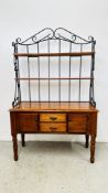 A HARDWOOD DRESSER WITH METAL CRAFT SHELVED UPSTAND W 120CM D 44CM H 188CM.