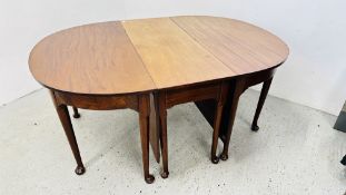 A PAIR OF MAHOGANY D END TABLES STANDING ON PAD FOOT PLUS GATE LEG CENTRE SECTION.