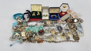 A BOX OF ASSORTED COSTUME JEWELLERY VINTAGE DECO CLIPS, DRESS NECKLACES,