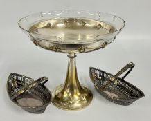 A WMF-S/P TAZZA / COMPORTE WITH ORIGINAL CLEAR GLASS LINER H 23CM + A PAIR OF SILVER PLATED BOAT