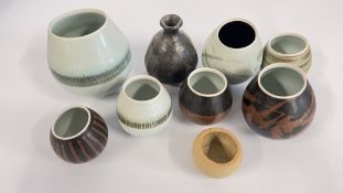 A GROUP OF NONE SMALL STUDIO POTTERY VASES, THE LARGEST 12.5CM HIGH.