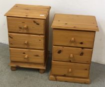 PAIR OF WAXED PINE 3 DRAWER BED SIDE CHESTS, W 43CM, H 70CM, D 41CM.