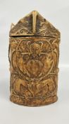 INTRICATELY CARVED OVAL SHAPED BAMBOO CONTAINER WITH LID AND CARRYING STRAP POSSIBLY A DYAK LIME