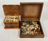 TWO JEWELLERY BOXES CONTAINING A GROUP OF MODERN AND VINTAGE COSTUME JEWELLERY, BEADED NECKLACES,