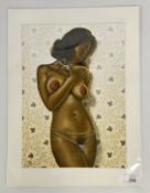 A MOUNTED OIL ON PATTERNED FABRIC TITLED 