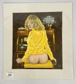 A MOUNTED OIL ON YELLOW FABRIC TITLED 