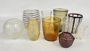 10 X ART GLASS VASES TO INCLUDE URANIUM + MOSER EXAMPLES.