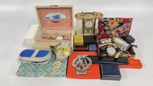 TWO BOXES CONTAINING A GROUP OF COSTUME AND VINTAGE JEWELLERY, DRESS RINGS AND GOLD TONE NECKLACES,