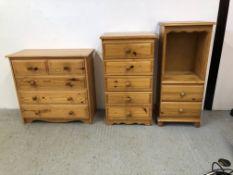 A GROUP OF HONEY PINE FURNITURE TO INCLUDE 2 DRAWER OVER 3 DRAWER CHEST, 5 DRAWER CHEST.