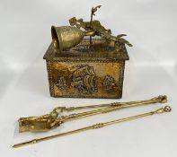 A VINTAGE EMBOSSED BRASS COAL BOX AND A SET OF 3 BRASS FIRESIDE TOOLS AND A VINTAGE BRASS WALL