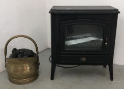A MODERN BESSY ELECTRIC COAL EFFECT FIRE PLUS A VINTAGE COPPER COAL SCUTTLE AND CONTENTS.