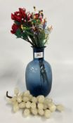 A HAND CRAFTED BOUQUET OF MURANO STYLE ART GLASS FLOWERS PRESENTED IN A MODERN BLUE GLASS VASE + A