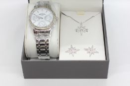 ROTARY AUSTRIAN CRYSTAL SET WATCH + NECKLACE AND EARRING SET (BOXED AS NEW).
