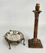 A VINTAGE SILVER PLATED CORINTHIAN LAMP BASE AND A ROLL TOP SERVING TUREEN.
