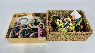 TWO BOXES OF ASSORTED BEADED JEWELLERY, BANGLES, NECKLACES, PENDANTS, BROOCHES ETC.