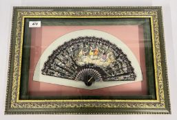 AN ELABORATE FRAMED AND MOUNTED HAND PAINTED SPANISH FAN BEARING SIGNATURE.