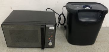 A RUSSELL HOBBS MICROWAVE, MODEL: RHM2076B-AG PLUS A FELLOWES PAPER SHREDDER P-40 - SOLD AS SEEN.
