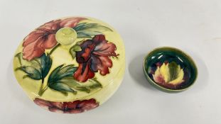 A MOORCROFT HIBISCUS POT & LID, BEARING LABLES + A MOORCROFT PIN DISH SIGNED.