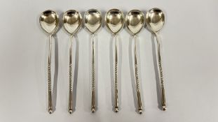 A SET OF 6 ANTIQUE SILVER RUSSIAN SPOONS MARKED A.A. (ANATOLY ARTSYBASHER).