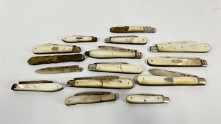 A TUB OF SILVER AND MOTHER OF PEARL FRUIT KNIVES (APPROX 14).