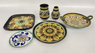 A GROUP OF GOUDA CHARGERS AND PLAQUES + 2 GOUDA 'REMBRANDT' VASES (NICK TO RIM OF ONE), SIGNED.
