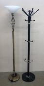 A MODERN STANDARD UPLIGHTER WITH FROSTED GLASS SHADE + A MID CENTURY STYLE HALL STAND MOUNTED ON A