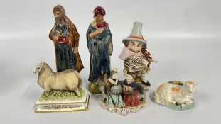 A GROUP OF VINTAGE CERAMIC FIGURES TO INCLUDE STAFFORDSHIRE & DERBY STYLE EXAMPLES.