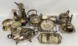 TWO BOXES CONTAINING A QUANTITY OF PLATED WARES, TEA AND COFFEE POTS, FLAT WARE, SERVING DISHES,