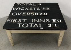 A SHABBY CHIC COFFEE TABLE FASHIONED FROM A CRICKET SCOREBOARD & COASTERS, W 106CM X D 98CM X H 48.