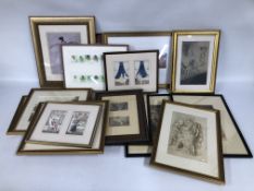 A BOX OF ASSORTED PICTURES AND PRINTS TO INCLUDE COLOURED ETCHINGS, FARMED WINE LABELS ETC.