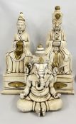 A PAIR OF CHINESE PAINTED GARDEN STATUES H 61CM + ONE OTHER H 36CM.
