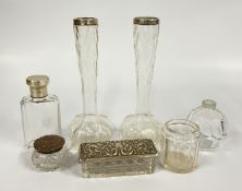 A PAIR OF VINTAGE SILVER RIMMED VASES,