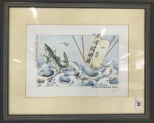 A FRAMED AND MOUNTED PRINT TITLED FRIDGE OVER TROUBLED WATER BY SIMON DREW BEARING PENCIL MONOGRAM