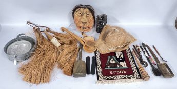 A GROUP OF ETHNIC ITEMS TO INCLUDE FLY WHISKS, CARVED MASK, HAT ETC.